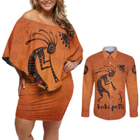 Kokopelli Tribal Couples Matching Off Shoulder Short Dress and Long Sleeve Button Shirt Native American Southwestern Petroglyph Patterns Sunset Landscape - Wonder Print Shop