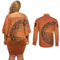 Kokopelli Tribal Couples Matching Off Shoulder Short Dress and Long Sleeve Button Shirt Native American Southwestern Petroglyph Patterns Sunset Landscape - Wonder Print Shop