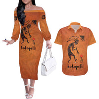 Kokopelli Tribal Couples Matching Off The Shoulder Long Sleeve Dress and Hawaiian Shirt Native American Southwestern Petroglyph Patterns Sunset Landscape - Wonder Print Shop