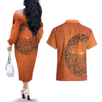 Kokopelli Tribal Couples Matching Off The Shoulder Long Sleeve Dress and Hawaiian Shirt Native American Southwestern Petroglyph Patterns Sunset Landscape - Wonder Print Shop