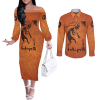 Kokopelli Tribal Couples Matching Off The Shoulder Long Sleeve Dress and Long Sleeve Button Shirt Native American Southwestern Petroglyph Patterns Sunset Landscape - Wonder Print Shop