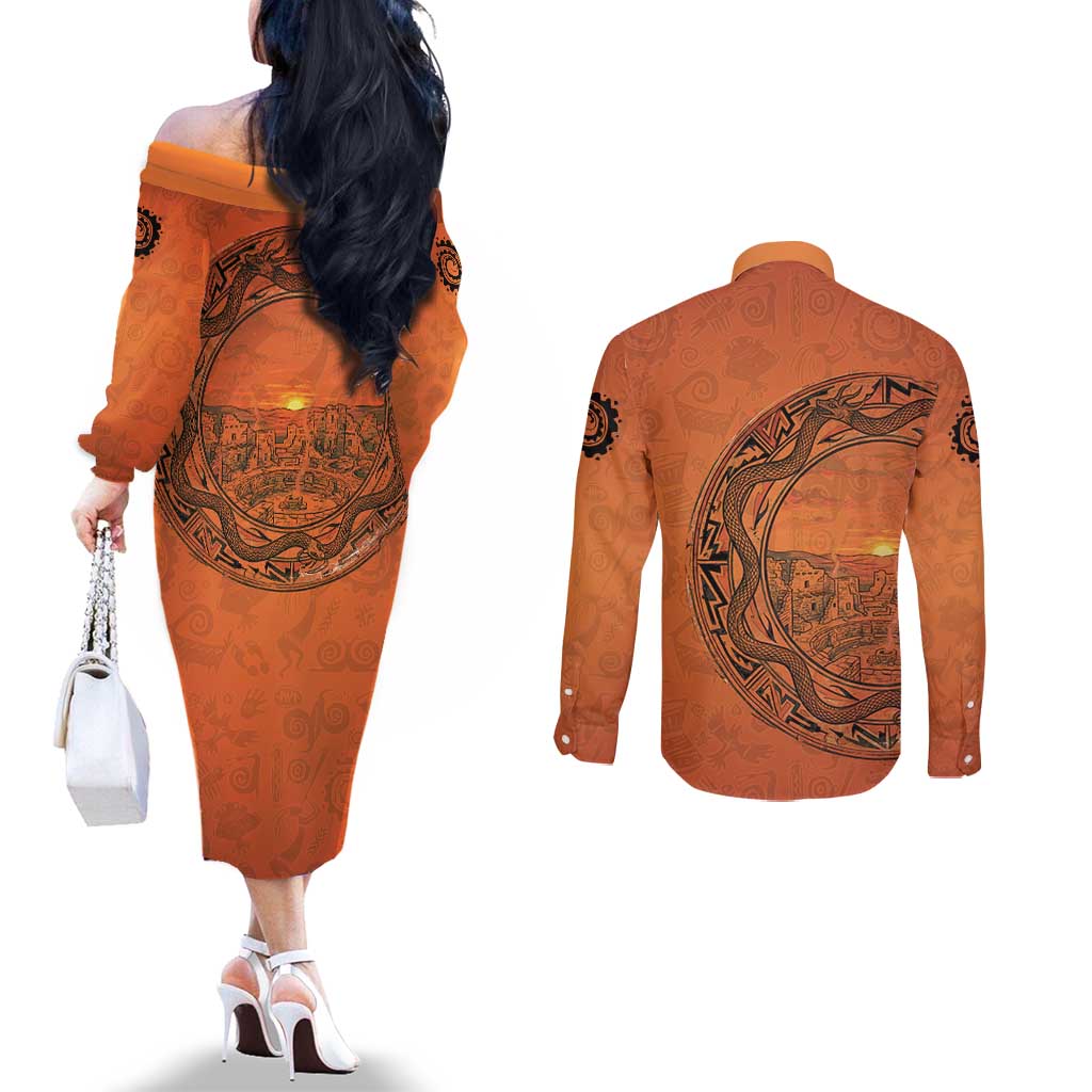 Kokopelli Tribal Couples Matching Off The Shoulder Long Sleeve Dress and Long Sleeve Button Shirt Native American Southwestern Petroglyph Patterns Sunset Landscape - Wonder Print Shop
