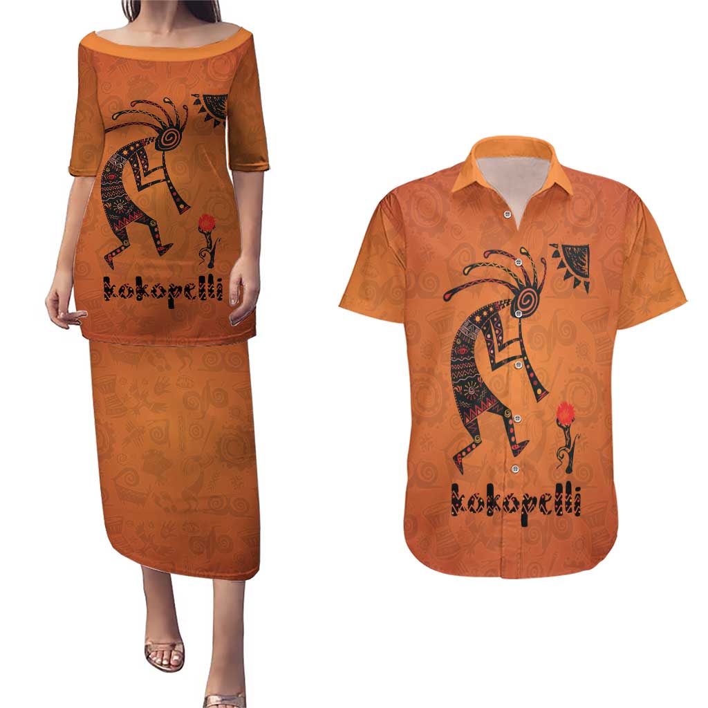 Kokopelli Tribal Couples Matching Puletasi and Hawaiian Shirt Native American Southwestern Petroglyph Patterns Sunset Landscape - Wonder Print Shop