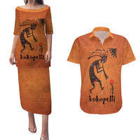 Kokopelli Tribal Couples Matching Puletasi and Hawaiian Shirt Native American Southwestern Petroglyph Patterns Sunset Landscape - Wonder Print Shop