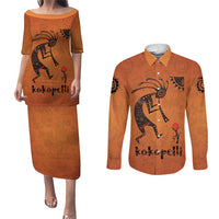 Kokopelli Tribal Couples Matching Puletasi and Long Sleeve Button Shirt Native American Southwestern Petroglyph Patterns Sunset Landscape - Wonder Print Shop