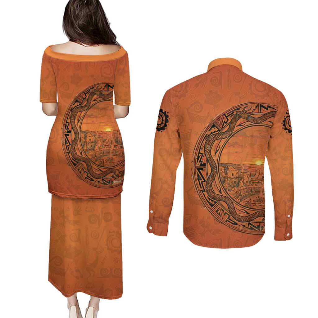 Kokopelli Tribal Couples Matching Puletasi and Long Sleeve Button Shirt Native American Southwestern Petroglyph Patterns Sunset Landscape - Wonder Print Shop