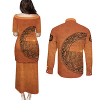 Kokopelli Tribal Couples Matching Puletasi and Long Sleeve Button Shirt Native American Southwestern Petroglyph Patterns Sunset Landscape - Wonder Print Shop