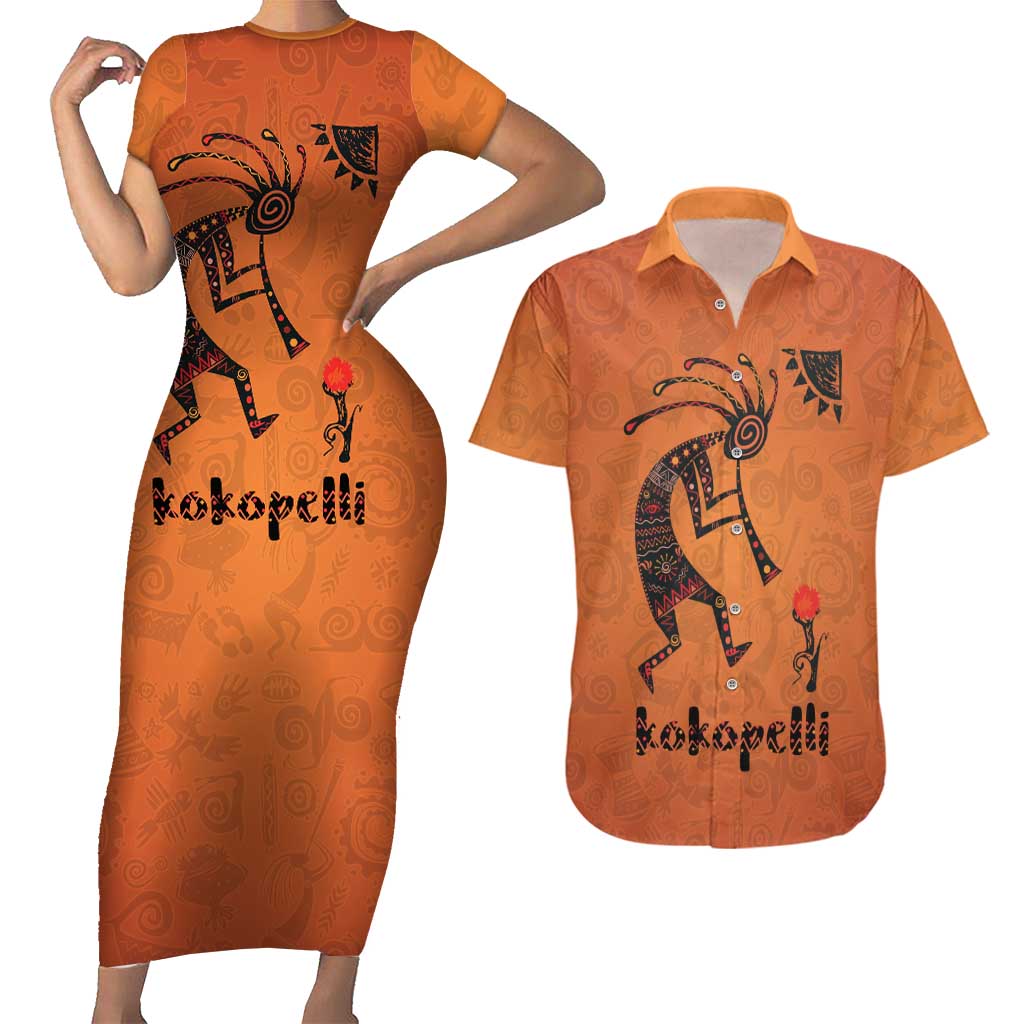 Kokopelli Tribal Couples Matching Short Sleeve Bodycon Dress and Hawaiian Shirt Native American Southwestern Petroglyph Patterns Sunset Landscape - Wonder Print Shop