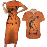 Kokopelli Tribal Couples Matching Short Sleeve Bodycon Dress and Hawaiian Shirt Native American Southwestern Petroglyph Patterns Sunset Landscape - Wonder Print Shop