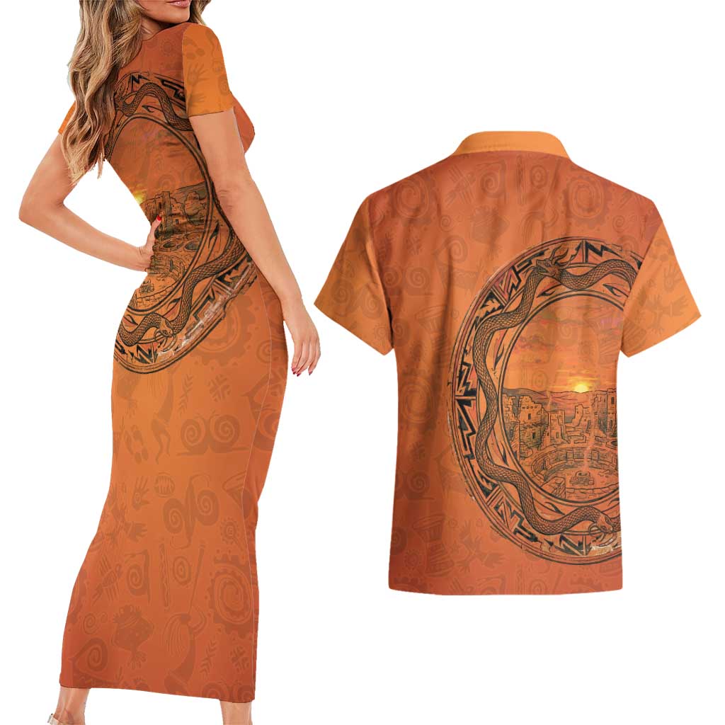 Kokopelli Tribal Couples Matching Short Sleeve Bodycon Dress and Hawaiian Shirt Native American Southwestern Petroglyph Patterns Sunset Landscape - Wonder Print Shop