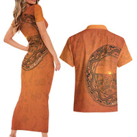 Kokopelli Tribal Couples Matching Short Sleeve Bodycon Dress and Hawaiian Shirt Native American Southwestern Petroglyph Patterns Sunset Landscape - Wonder Print Shop