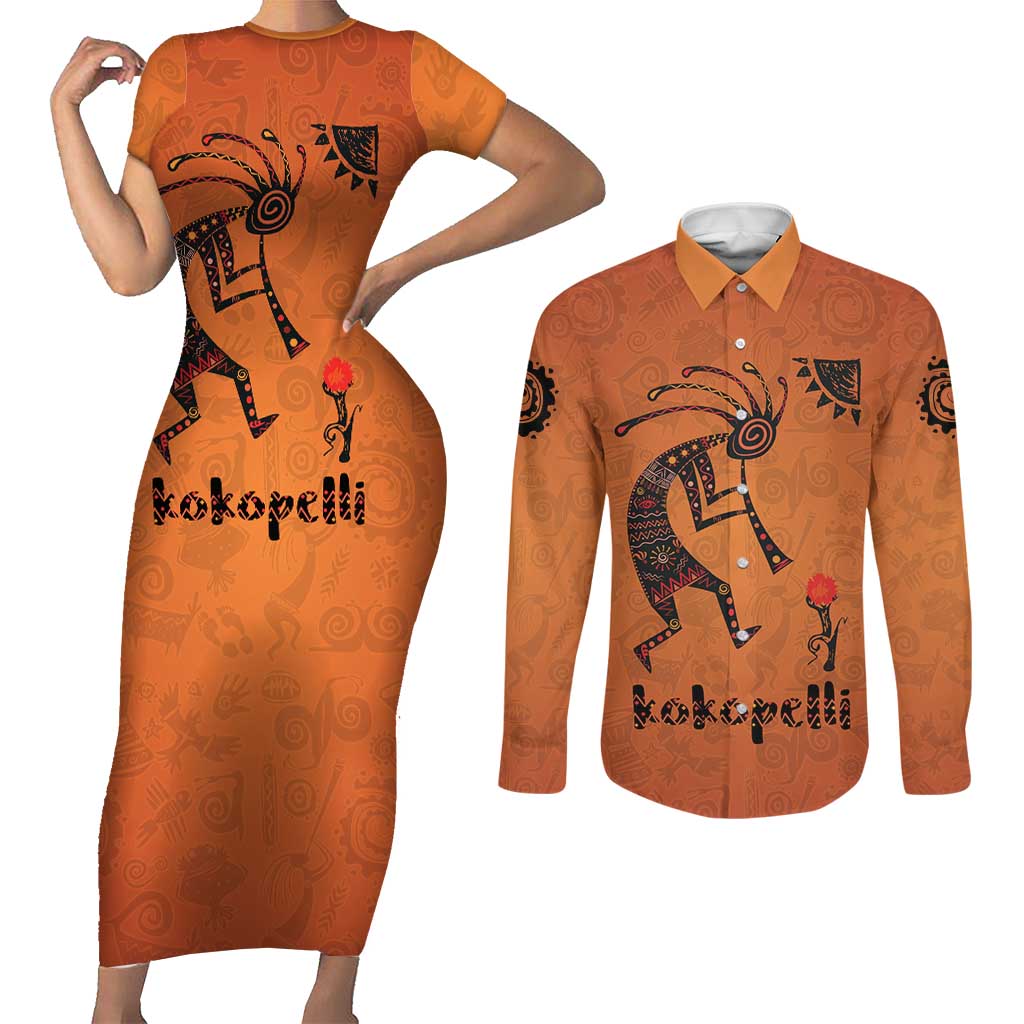 Kokopelli Tribal Couples Matching Short Sleeve Bodycon Dress and Long Sleeve Button Shirt Native American Southwestern Petroglyph Patterns Sunset Landscape - Wonder Print Shop