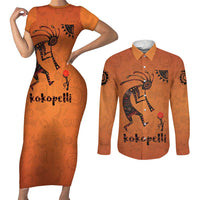 Kokopelli Tribal Couples Matching Short Sleeve Bodycon Dress and Long Sleeve Button Shirt Native American Southwestern Petroglyph Patterns Sunset Landscape - Wonder Print Shop