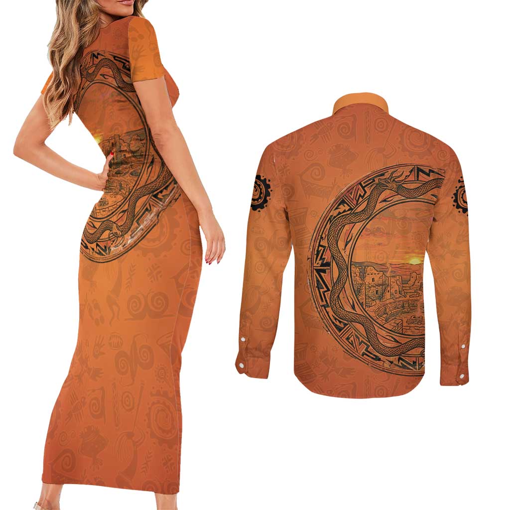 Kokopelli Tribal Couples Matching Short Sleeve Bodycon Dress and Long Sleeve Button Shirt Native American Southwestern Petroglyph Patterns Sunset Landscape - Wonder Print Shop