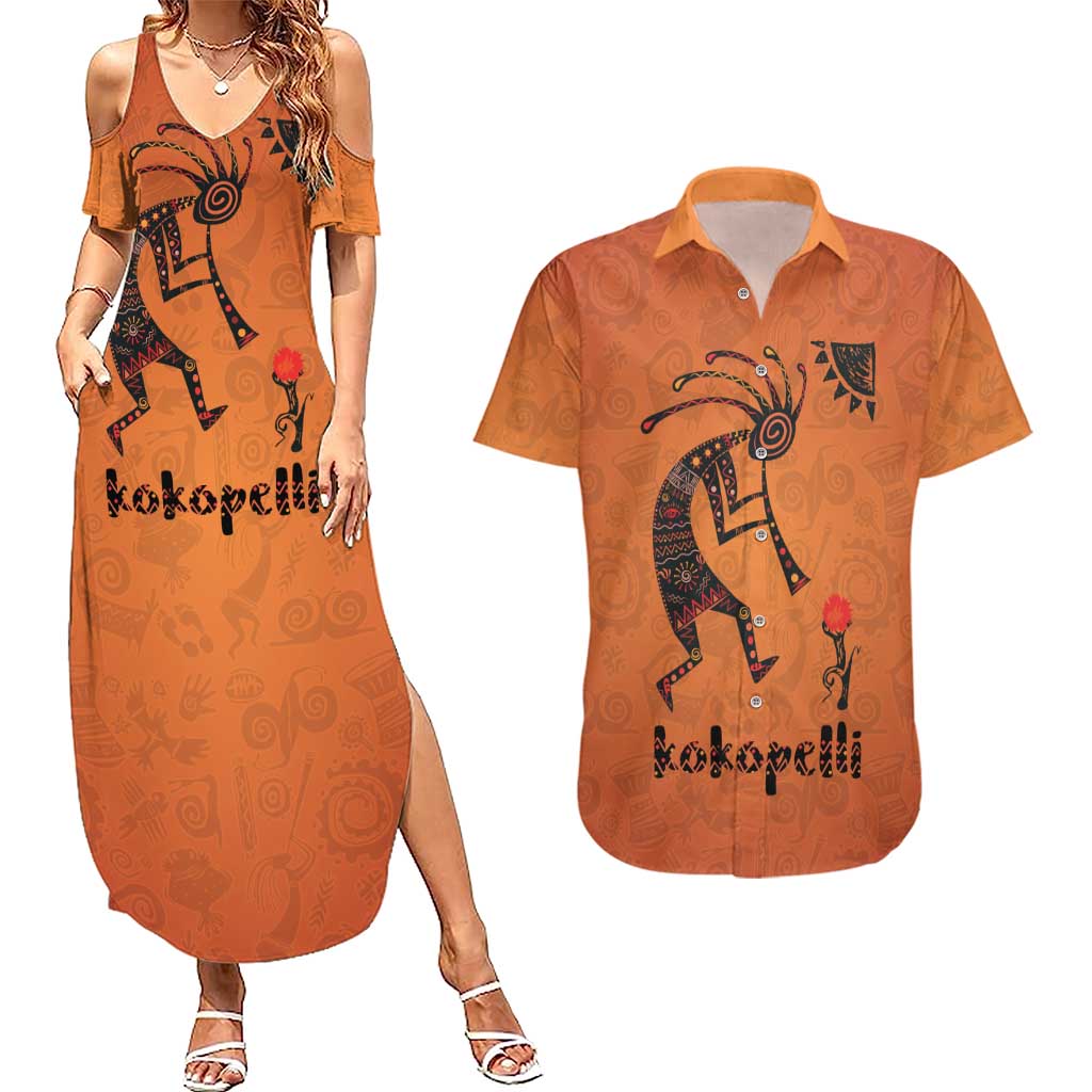 Kokopelli Tribal Couples Matching Summer Maxi Dress and Hawaiian Shirt Native American Southwestern Petroglyph Patterns Sunset Landscape - Wonder Print Shop