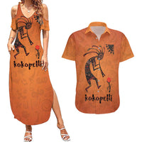 Kokopelli Tribal Couples Matching Summer Maxi Dress and Hawaiian Shirt Native American Southwestern Petroglyph Patterns Sunset Landscape - Wonder Print Shop