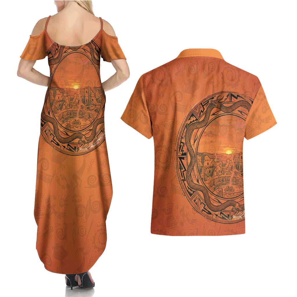 Kokopelli Tribal Couples Matching Summer Maxi Dress and Hawaiian Shirt Native American Southwestern Petroglyph Patterns Sunset Landscape - Wonder Print Shop