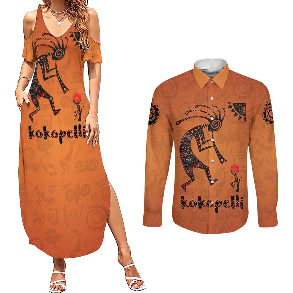 Kokopelli Tribal Couples Matching Summer Maxi Dress and Long Sleeve Button Shirt Native American Southwestern Petroglyph Patterns Sunset Landscape - Wonder Print Shop