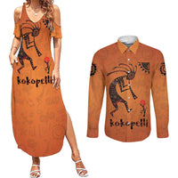 Kokopelli Tribal Couples Matching Summer Maxi Dress and Long Sleeve Button Shirt Native American Southwestern Petroglyph Patterns Sunset Landscape - Wonder Print Shop