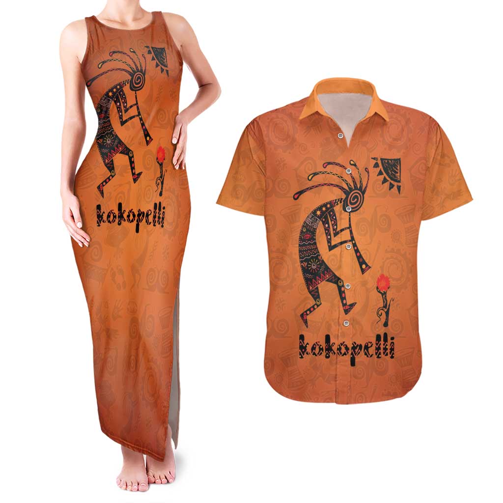 Kokopelli Tribal Couples Matching Tank Maxi Dress and Hawaiian Shirt Native American Southwestern Petroglyph Patterns Sunset Landscape - Wonder Print Shop