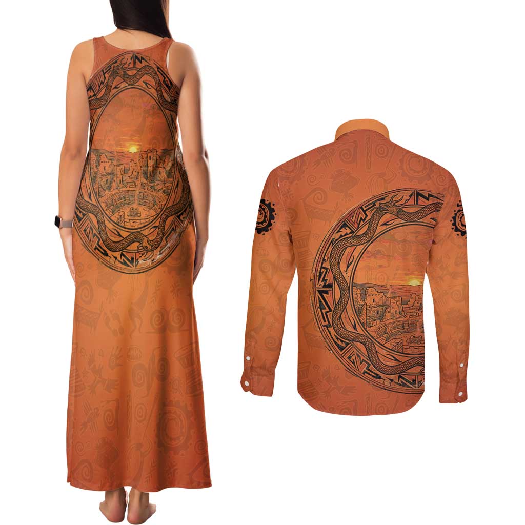 Kokopelli Tribal Couples Matching Tank Maxi Dress and Long Sleeve Button Shirt Native American Southwestern Petroglyph Patterns Sunset Landscape - Wonder Print Shop