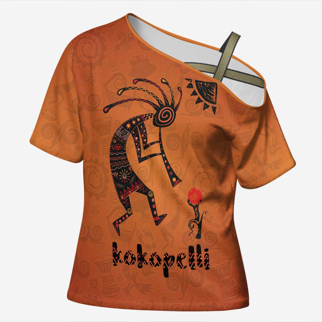 Kokopelli Tribal Cross Shoulder Shirt Native American Southwestern Petroglyph Patterns Sunset Landscape - Wonder Print Shop