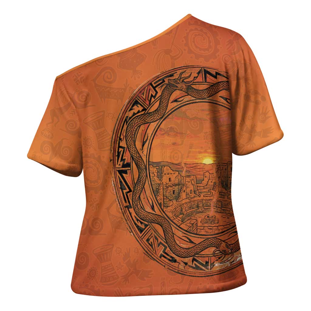 Kokopelli Tribal Cross Shoulder Shirt Native American Southwestern Petroglyph Patterns Sunset Landscape - Wonder Print Shop