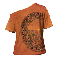 Kokopelli Tribal Cross Shoulder Shirt Native American Southwestern Petroglyph Patterns Sunset Landscape - Wonder Print Shop