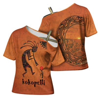 Kokopelli Tribal Cross Shoulder Shirt Native American Southwestern Petroglyph Patterns Sunset Landscape - Wonder Print Shop