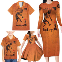 Kokopelli Tribal Family Matching Long Sleeve Bodycon Dress and Hawaiian Shirt Native American Southwestern Petroglyph Patterns Sunset Landscape - Wonder Print Shop