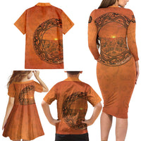 Kokopelli Tribal Family Matching Long Sleeve Bodycon Dress and Hawaiian Shirt Native American Southwestern Petroglyph Patterns Sunset Landscape - Wonder Print Shop