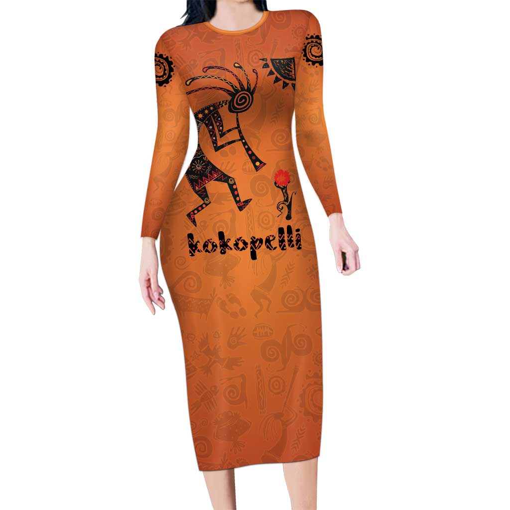 Kokopelli Tribal Family Matching Long Sleeve Bodycon Dress and Hawaiian Shirt Native American Southwestern Petroglyph Patterns Sunset Landscape - Wonder Print Shop