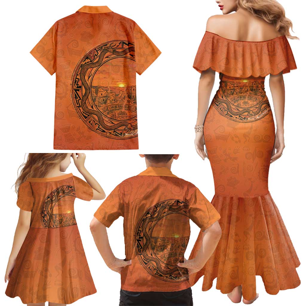 Kokopelli Tribal Family Matching Mermaid Dress and Hawaiian Shirt Native American Southwestern Petroglyph Patterns Sunset Landscape - Wonder Print Shop