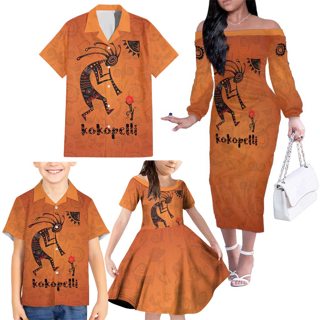 Kokopelli Tribal Family Matching Off The Shoulder Long Sleeve Dress and Hawaiian Shirt Native American Southwestern Petroglyph Patterns Sunset Landscape - Wonder Print Shop