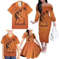 Kokopelli Tribal Family Matching Off The Shoulder Long Sleeve Dress and Hawaiian Shirt Native American Southwestern Petroglyph Patterns Sunset Landscape - Wonder Print Shop