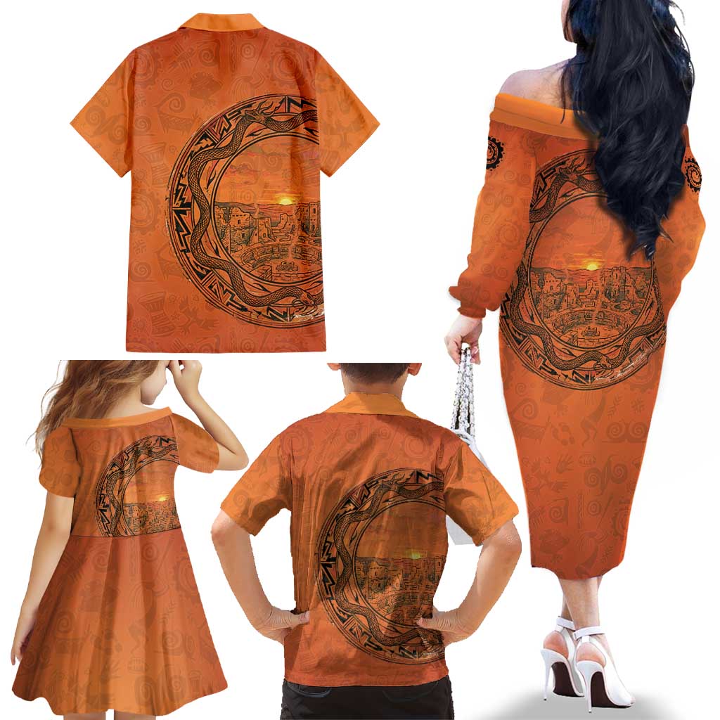 Kokopelli Tribal Family Matching Off The Shoulder Long Sleeve Dress and Hawaiian Shirt Native American Southwestern Petroglyph Patterns Sunset Landscape - Wonder Print Shop