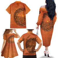 Kokopelli Tribal Family Matching Off The Shoulder Long Sleeve Dress and Hawaiian Shirt Native American Southwestern Petroglyph Patterns Sunset Landscape - Wonder Print Shop