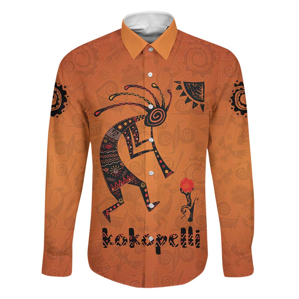 Kokopelli Tribal Family Matching Off The Shoulder Long Sleeve Dress and Hawaiian Shirt Native American Southwestern Petroglyph Patterns Sunset Landscape - Wonder Print Shop