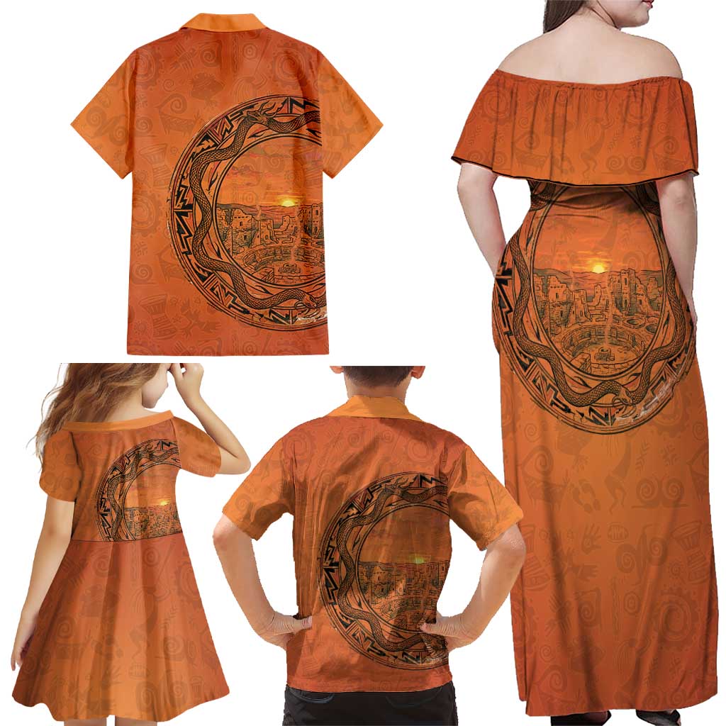 Kokopelli Tribal Family Matching Off Shoulder Maxi Dress and Hawaiian Shirt Native American Southwestern Petroglyph Patterns Sunset Landscape - Wonder Print Shop
