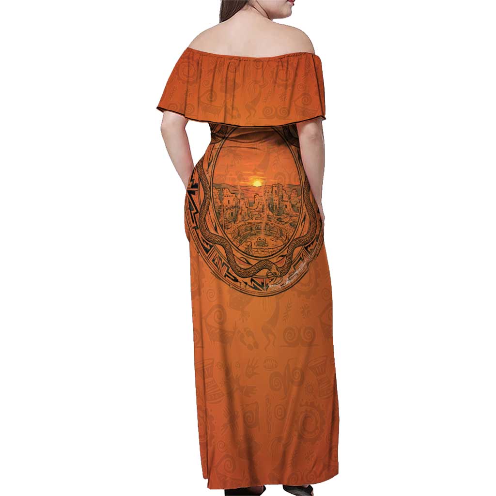 Kokopelli Tribal Family Matching Off Shoulder Maxi Dress and Hawaiian Shirt Native American Southwestern Petroglyph Patterns Sunset Landscape - Wonder Print Shop