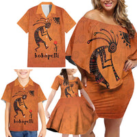 Kokopelli Tribal Family Matching Off Shoulder Short Dress and Hawaiian Shirt Native American Southwestern Petroglyph Patterns Sunset Landscape - Wonder Print Shop
