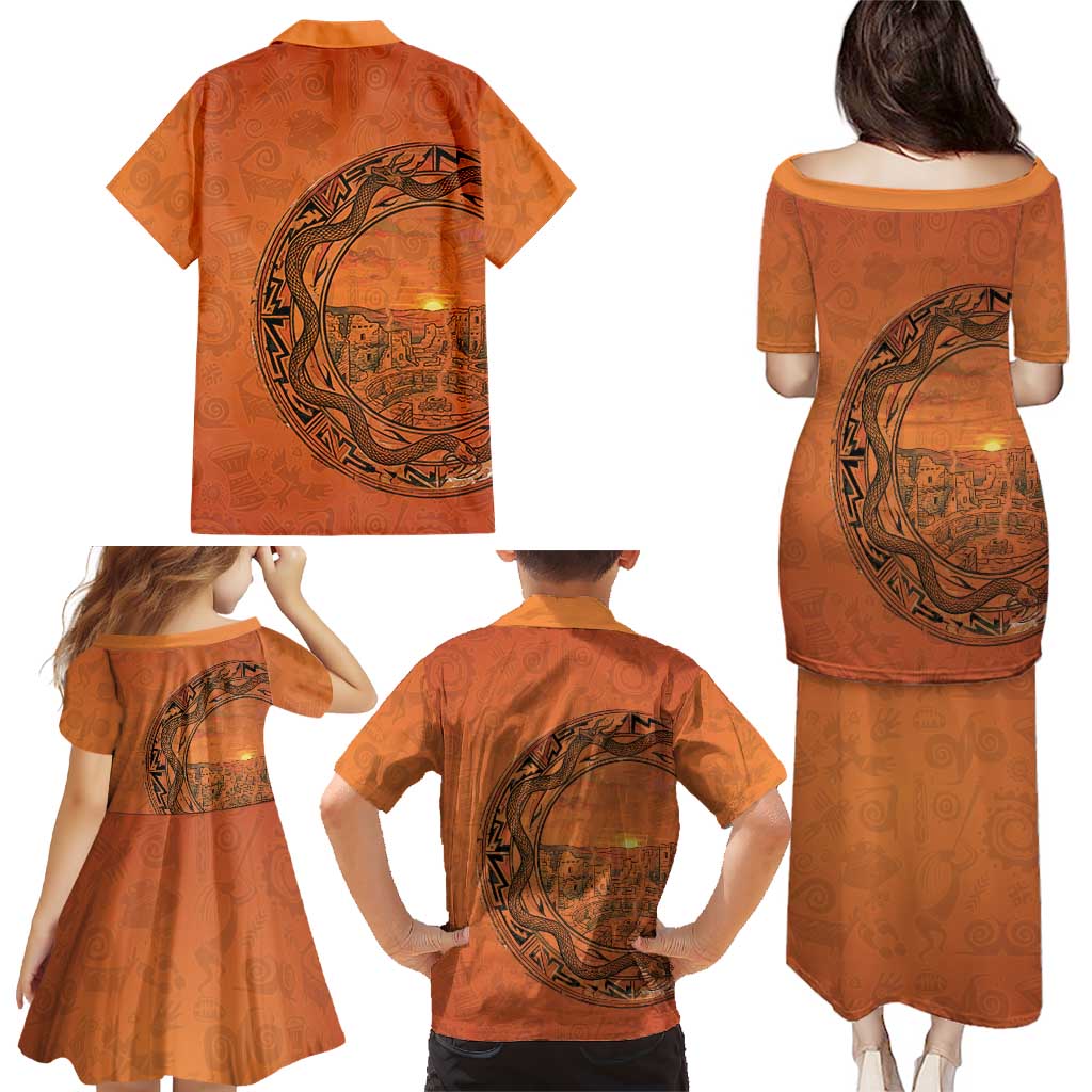 Kokopelli Tribal Family Matching Puletasi and Hawaiian Shirt Native American Southwestern Petroglyph Patterns Sunset Landscape - Wonder Print Shop