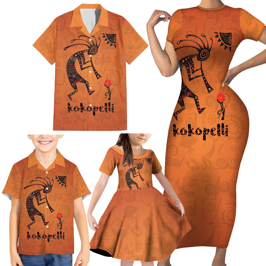 Kokopelli Tribal Family Matching Short Sleeve Bodycon Dress and Hawaiian Shirt Native American Southwestern Petroglyph Patterns Sunset Landscape - Wonder Print Shop
