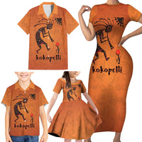 Kokopelli Tribal Family Matching Short Sleeve Bodycon Dress and Hawaiian Shirt Native American Southwestern Petroglyph Patterns Sunset Landscape - Wonder Print Shop