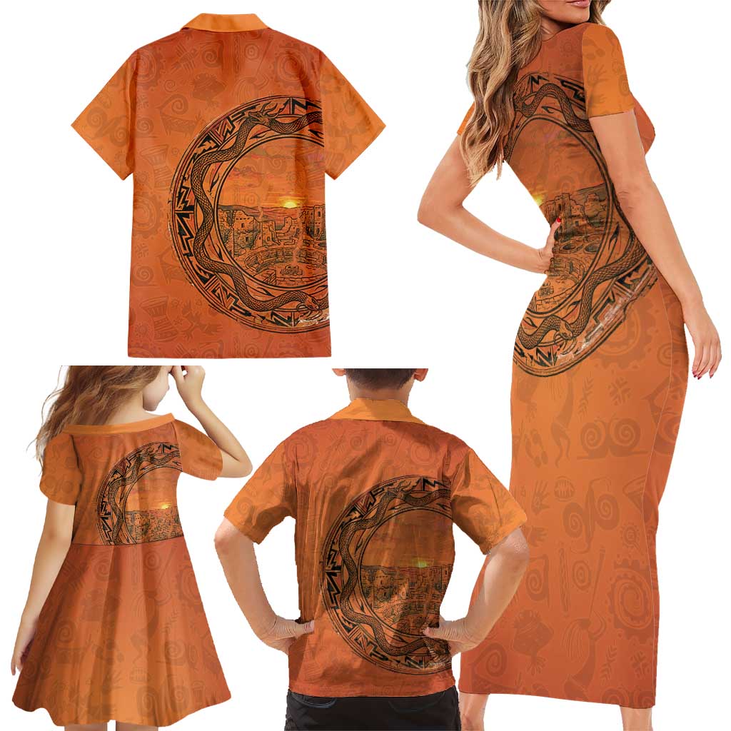Kokopelli Tribal Family Matching Short Sleeve Bodycon Dress and Hawaiian Shirt Native American Southwestern Petroglyph Patterns Sunset Landscape - Wonder Print Shop
