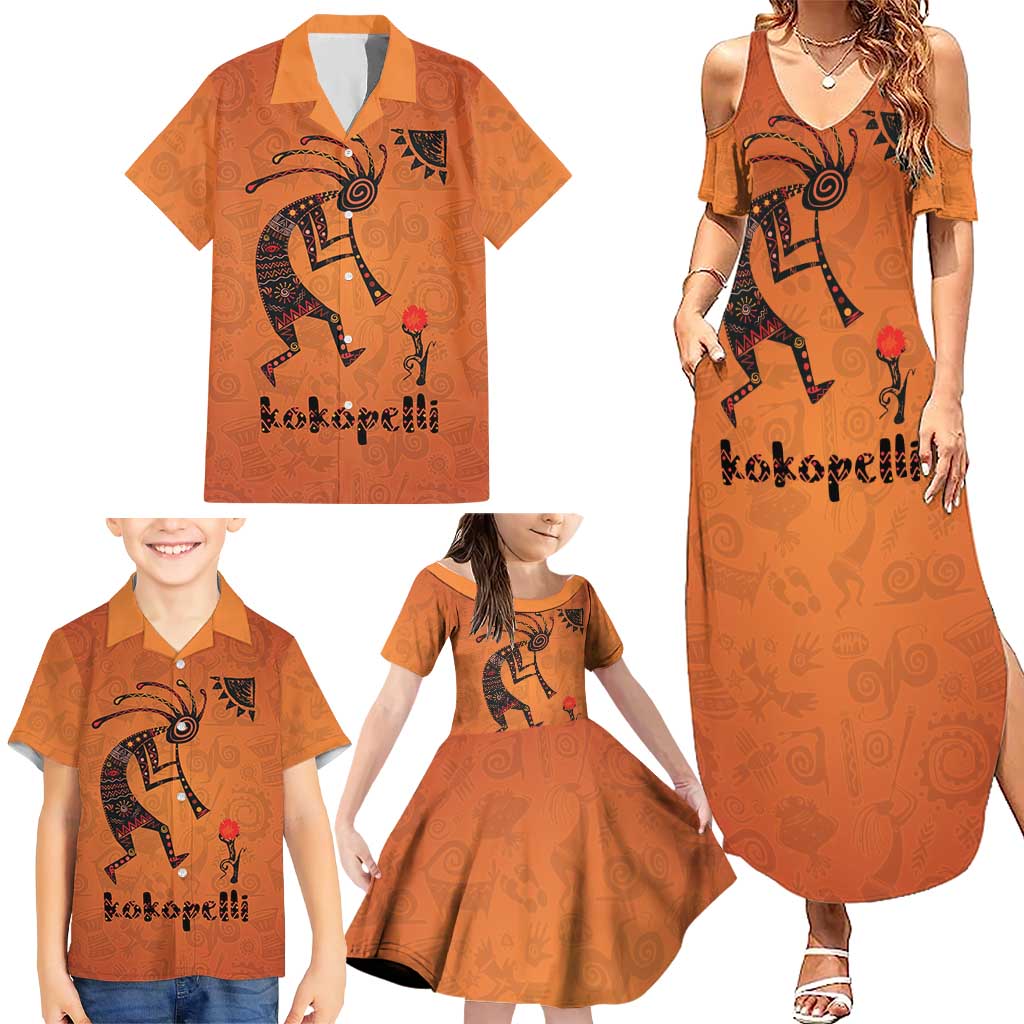 Kokopelli Tribal Family Matching Summer Maxi Dress and Hawaiian Shirt Native American Southwestern Petroglyph Patterns Sunset Landscape - Wonder Print Shop