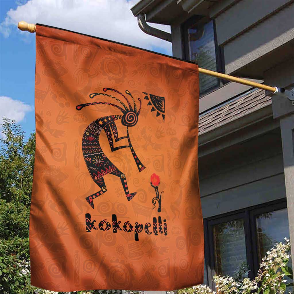 Kokopelli Tribal Garden Flag Native American Southwestern Petroglyph Patterns Sunset Landscape - Wonder Print Shop