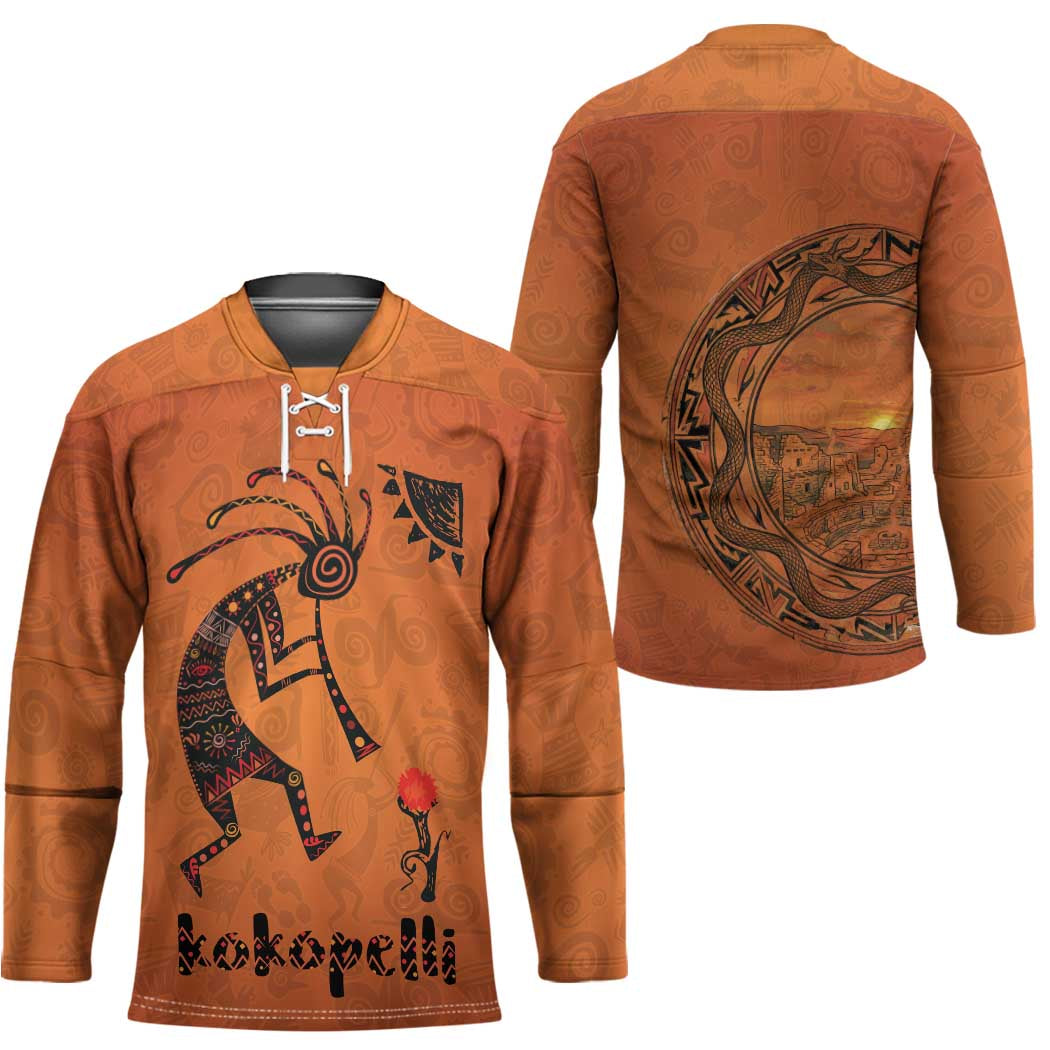 Kokopelli Tribal Hockey Jersey Native American Southwestern Petroglyph Patterns Sunset Landscape - Wonder Print Shop