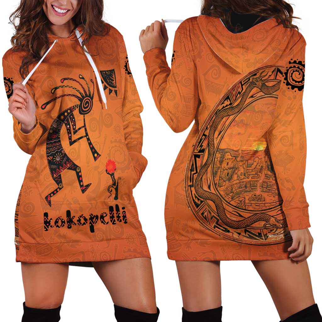 Kokopelli Tribal Hoodie Dress Native American Southwestern Petroglyph Patterns Sunset Landscape - Wonder Print Shop