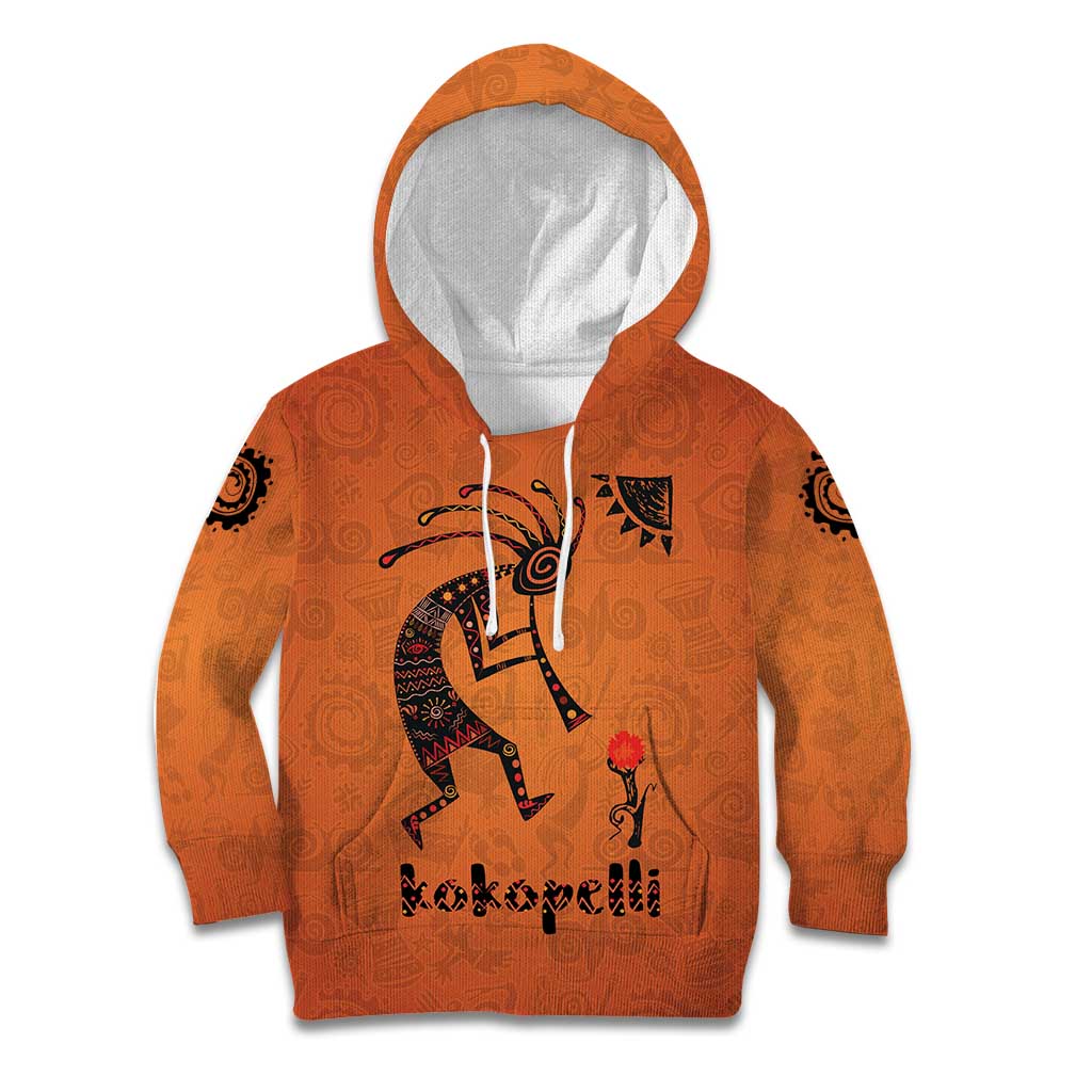 Kokopelli Tribal Kid Hoodie Native American Southwestern Petroglyph Patterns Sunset Landscape - Wonder Print Shop